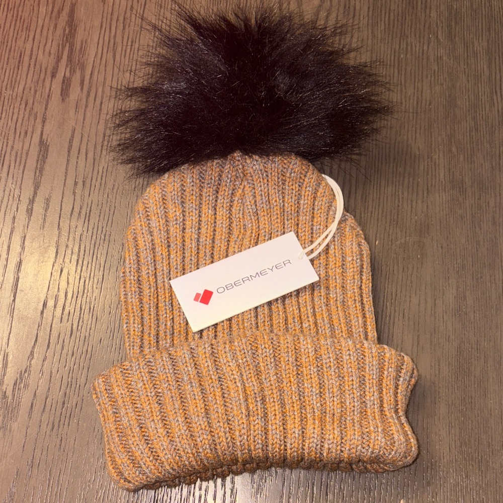 Obermeyer Tan Knit Beanie with Black Pom-Pom NWT